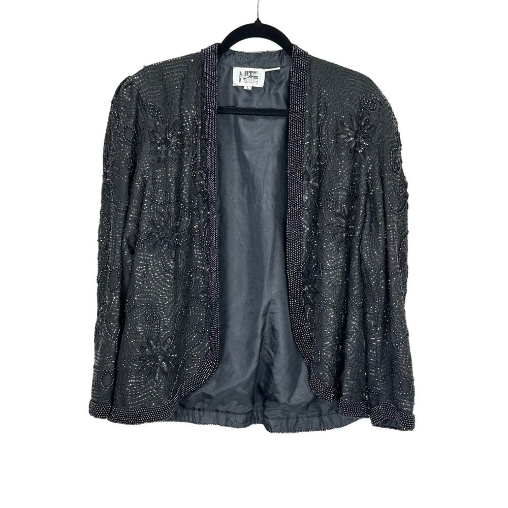 Vintage 90s NITE LINE 100% Pure Silk Sequin Beaded Black Blazer size Large